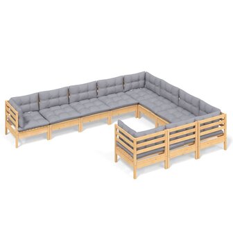 10-delige Loungeset met grijze kussens grenenhout