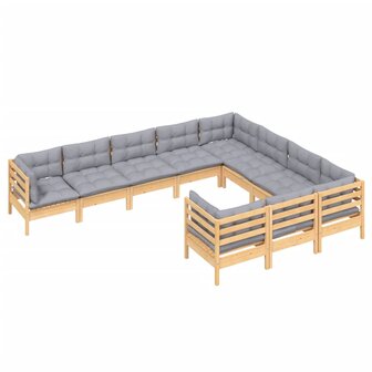 10-delige Loungeset met grijze kussens grenenhout