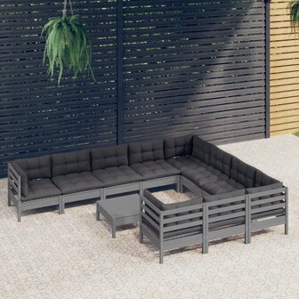 11-delige Loungeset met kussens grenenhout grijs