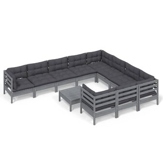 11-delige Loungeset met kussens grenenhout grijs