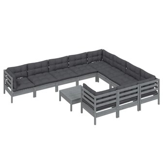 11-delige Loungeset met kussens grenenhout grijs