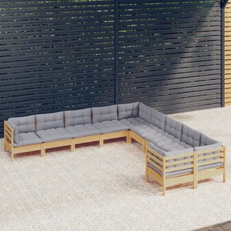 10-delige Loungeset met grijze kussens grenenhout