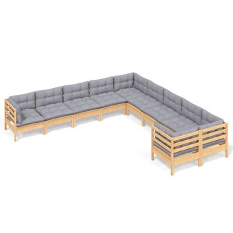 10-delige Loungeset met grijze kussens grenenhout