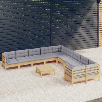 11-delige Loungeset met grijze kussens grenenhout
