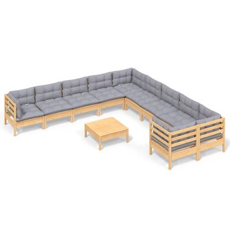 11-delige Loungeset met grijze kussens grenenhout