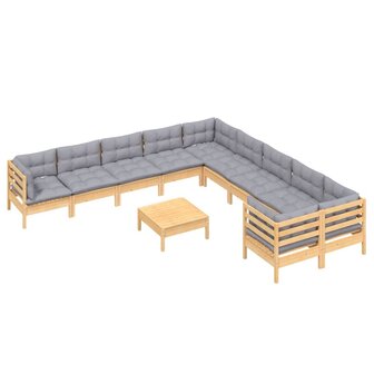 11-delige Loungeset met grijze kussens grenenhout