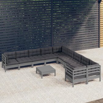 11-delige Loungeset met kussens grenenhout grijs