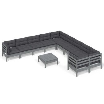 11-delige Loungeset met kussens grenenhout grijs