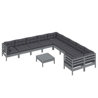 11-delige Loungeset met kussens grenenhout grijs