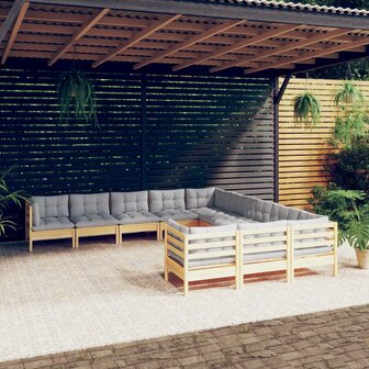 11-delige Loungeset met grijze kussens grenenhout