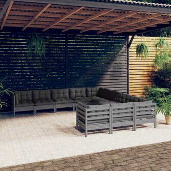 11-delige Loungeset met kussens grenenhout grijs