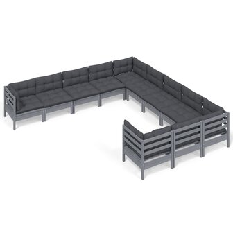 11-delige Loungeset met kussens grenenhout grijs