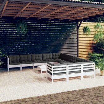 12-delige Loungeset met kussens massief grenenhout wit