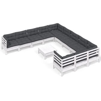 12-delige Loungeset met kussens massief grenenhout wit