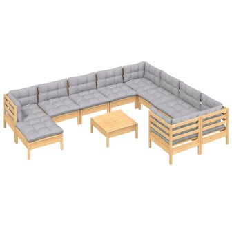 11-delige Loungeset met grijze kussens grenenhout