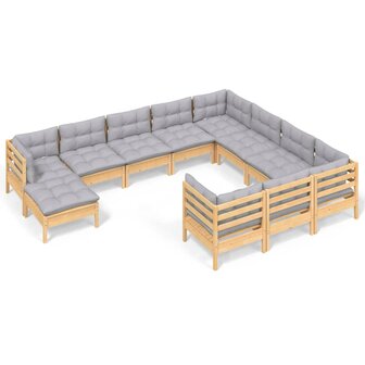 11-delige Loungeset met grijze kussens grenenhout