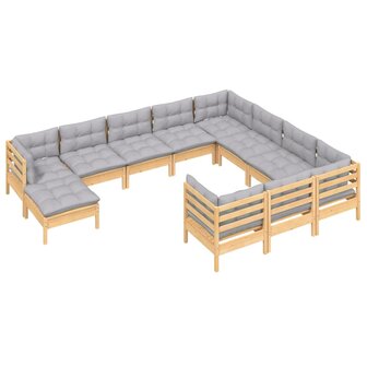 11-delige Loungeset met grijze kussens grenenhout