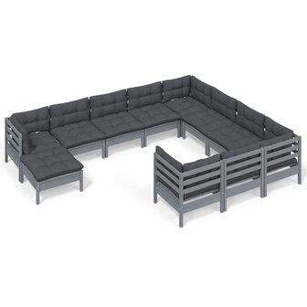 11-delige Loungeset met kussens grenenhout grijs