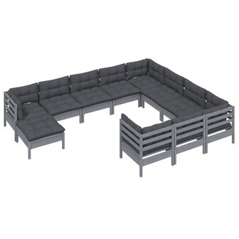 11-delige Loungeset met kussens grenenhout grijs