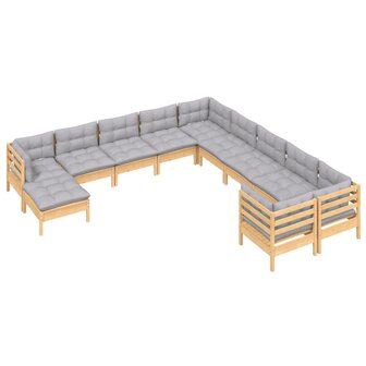 11-delige Loungeset met grijze kussens grenenhout