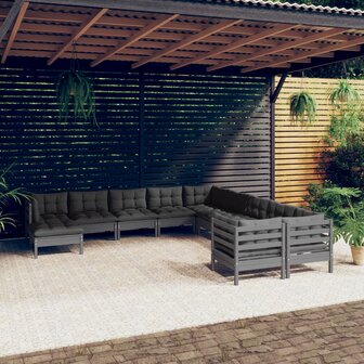 11-delige Loungeset met kussens grenenhout grijs