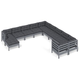 11-delige Loungeset met kussens grenenhout grijs