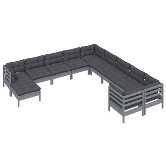11-delige Loungeset met kussens grenenhout grijs