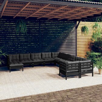 11-delige Loungeset met kussens grenenhout zwart