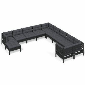 11-delige Loungeset met kussens grenenhout zwart