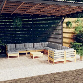 12-delige Loungeset met grijze kussens grenenhout