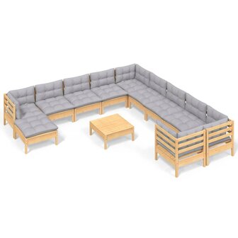 12-delige Loungeset met grijze kussens grenenhout