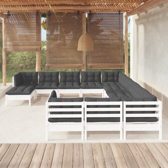 12-delige Loungeset met kussens massief grenenhout wit