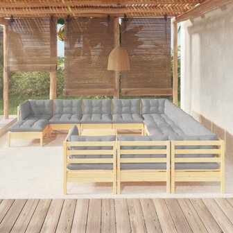 13-delige Loungeset met grijze kussens grenenhout