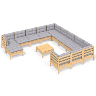 13-delige Loungeset met grijze kussens grenenhout