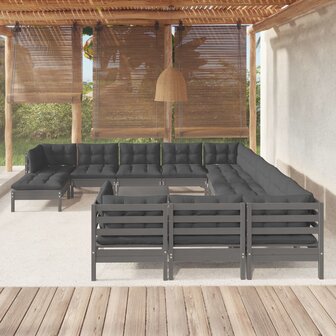 13-delige Loungeset met kussens grenenhout grijs