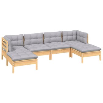 6-delige Loungeset met grijze kussens grenenhout