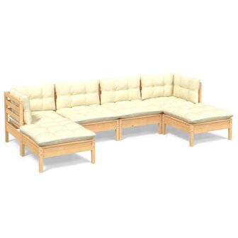 6-delige Loungeset met cr&egrave;mekleurige kussens grenenhout