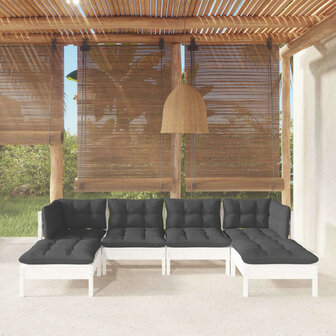 6-delige Loungeset met kussens grenenhout wit