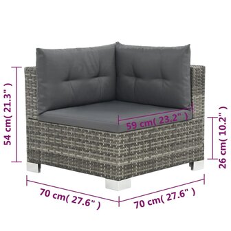 10-delige Loungeset met kussens poly rattan grijs