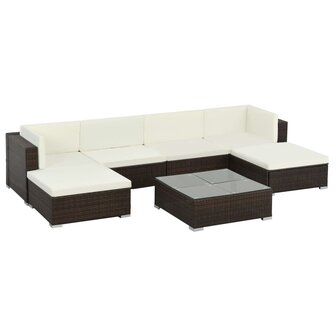 7-delige Loungeset met kussens poly rattan bruin