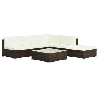 6-delige Loungeset met kussens poly rattan bruin