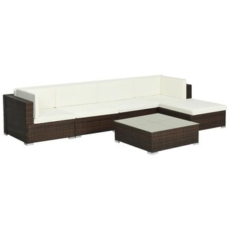 6-delige Loungeset met kussens poly rattan bruin