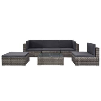 6-delige Loungeset met kussens poly rattan grijs