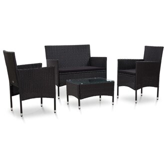 4-delige Loungeset met kussens poly rattan zwart