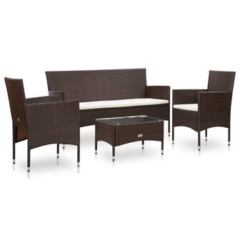 4-delige Loungeset met kussens poly rattan bruin