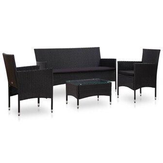 4-delige Loungeset met kussens poly rattan zwart