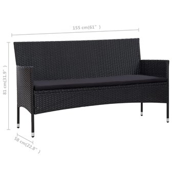4-delige Loungeset met kussens poly rattan zwart