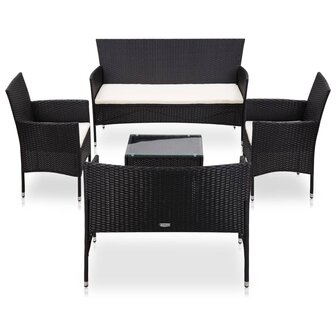 5-delige Loungeset met kussens poly rattan zwart