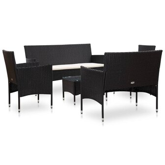 5-delige Loungeset met kussens poly rattan zwart