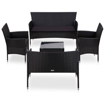 5-delige Loungeset met kussens poly rattan zwart